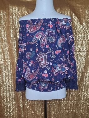 bebe Navy Paisley Off-Shoulder Blouse with Pink and Teal Accents